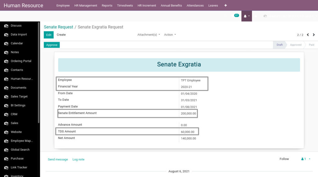 Odoo ERP Payroll master management manage senate exgratia Request