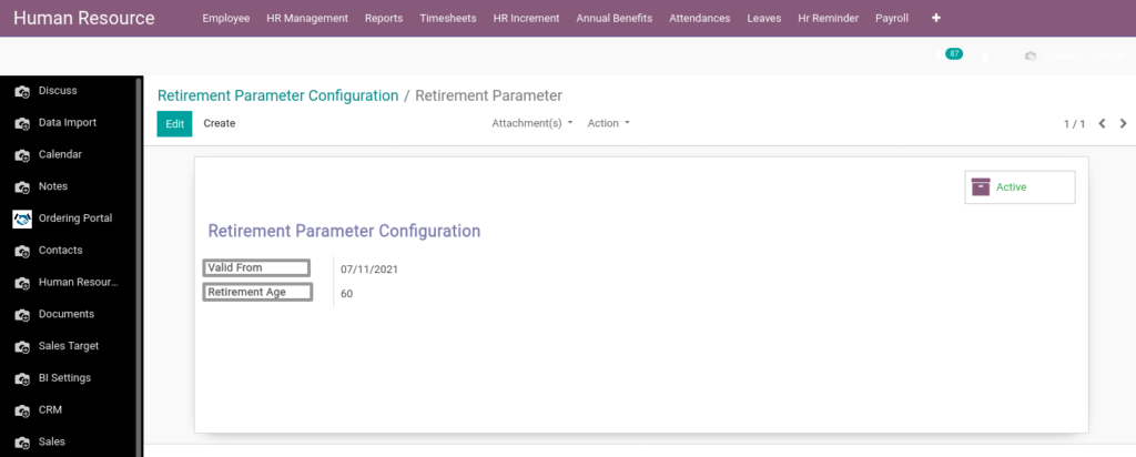 Odoo ERP Payroll payroll management manage Retirement parameterconfig