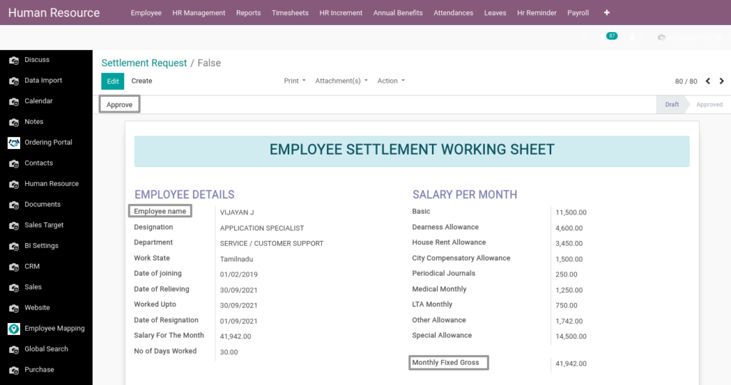 Odoo ERP Payroll payroll management manage settlement request