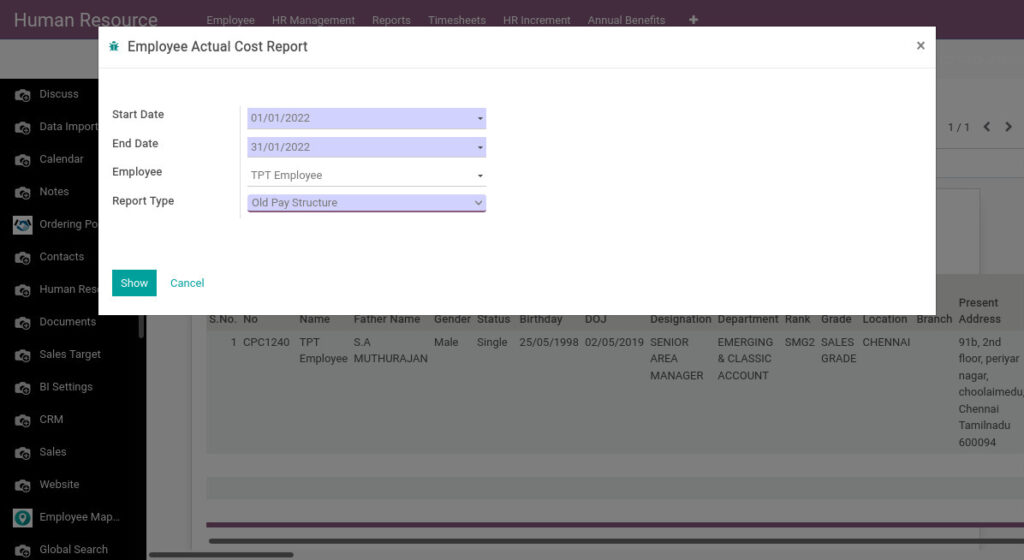 Odoo ERP Payroll payroll management report employee actual cost report 1