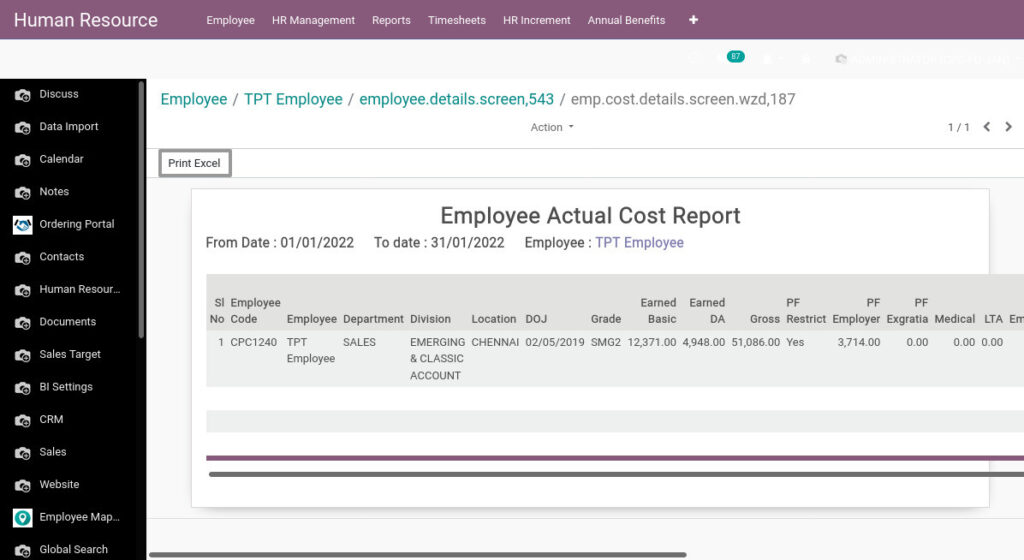 Odoo ERP Payroll payroll management report employee actual cost report 2