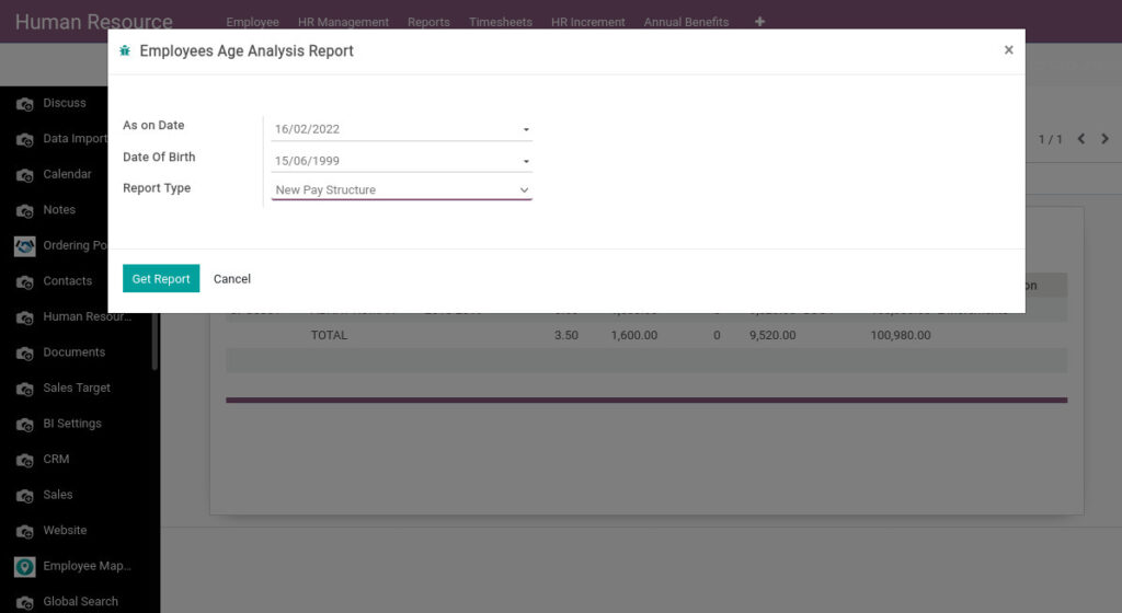 Odoo ERP Payroll payroll management report employee age analysis report 1