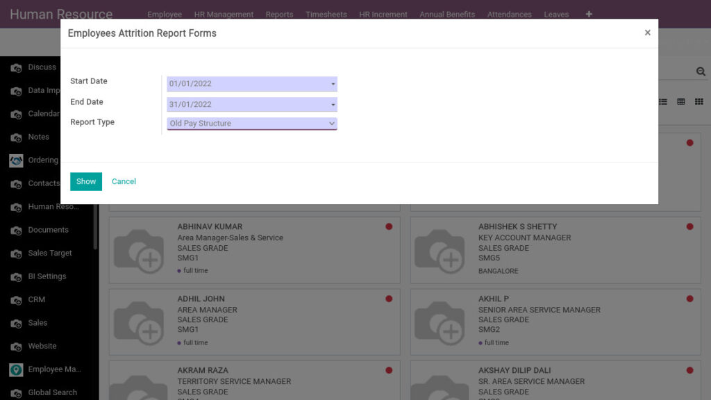 Odoo ERP Payroll payroll management report employee attrition report 1