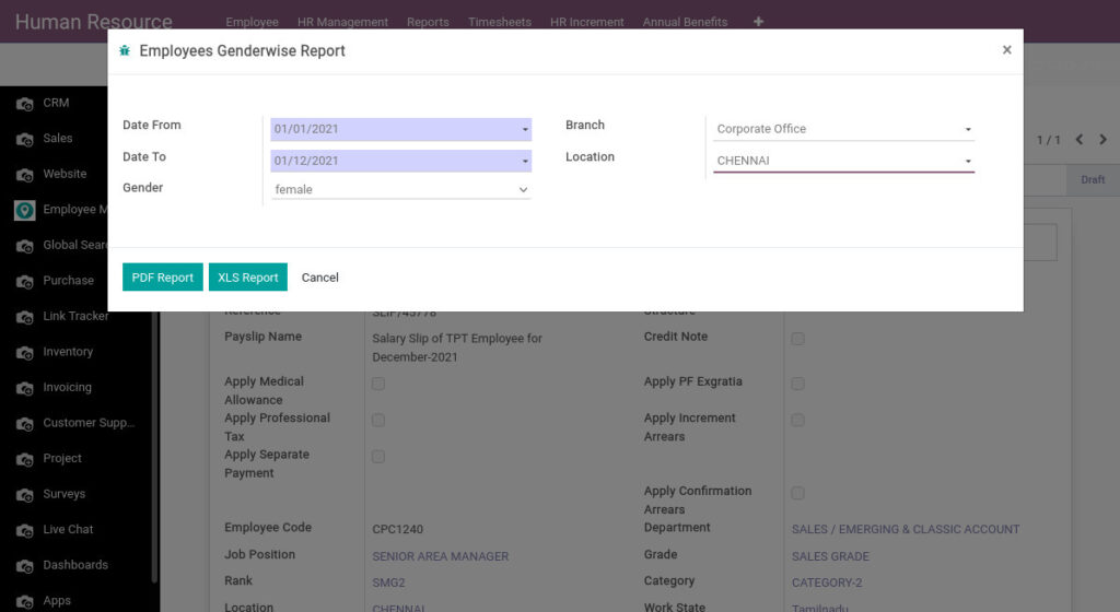 Odoo ERP Payroll payroll management report employee genderwise report 1