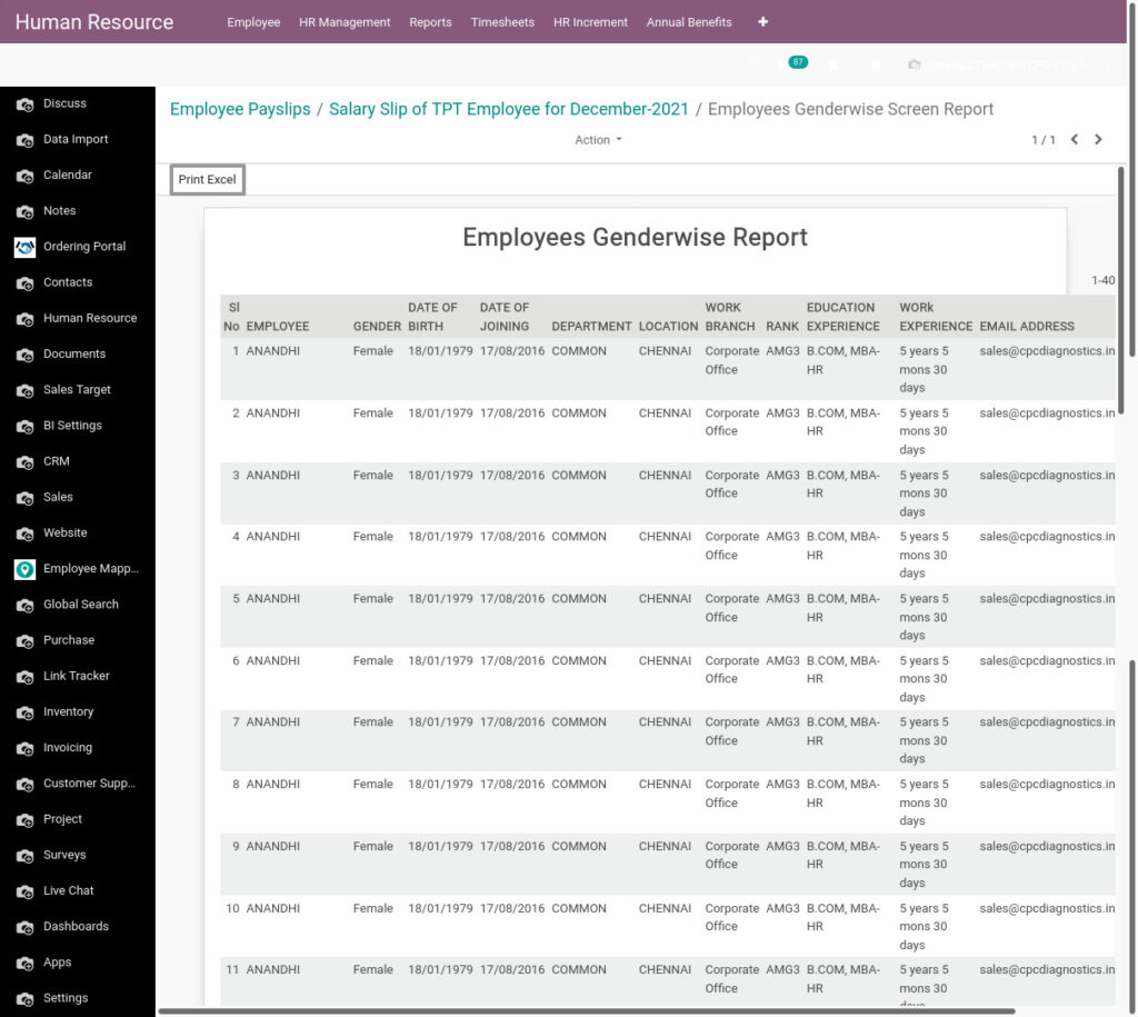 Odoo ERP Payroll payroll management report employee genderwise report 2