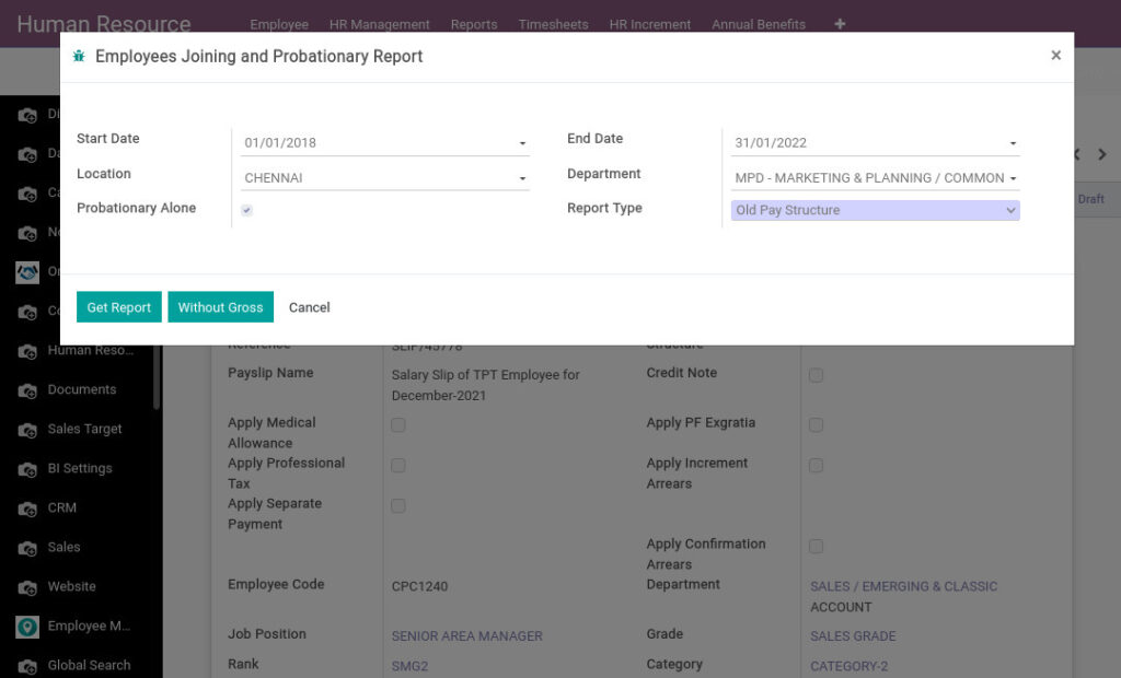 Odoo ERP Payroll payroll management report employee joining probationary report 1