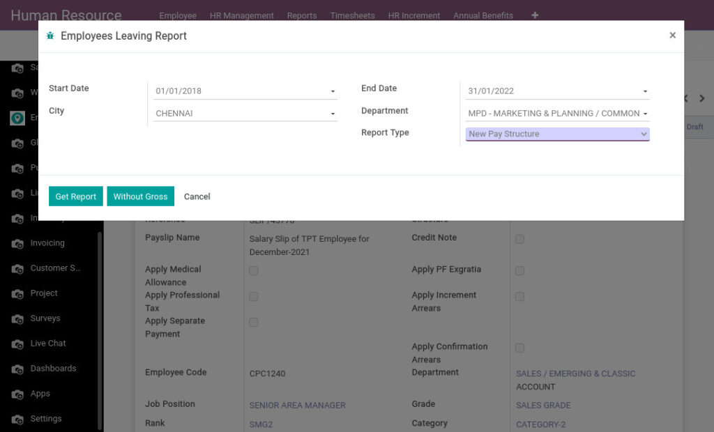 Odoo ERP Payroll payroll management report employee leaving report 1 1