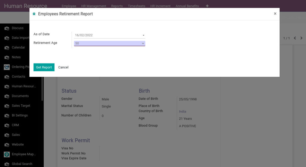 Odoo ERP Payroll payroll management report employee retirement report 1