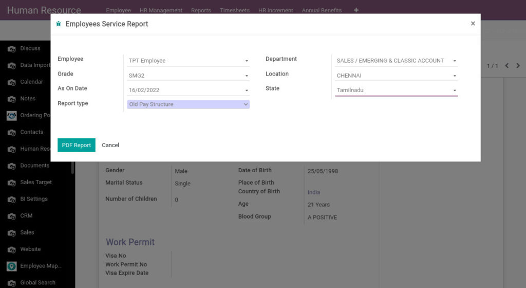 Odoo ERP Payroll payroll management report employee service report 1