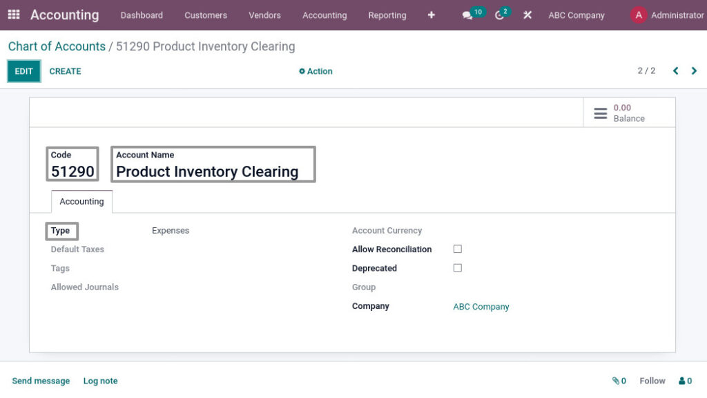 Odoo ERP mccorry accounting management manage chart of accounts