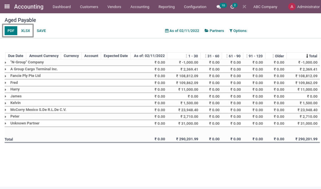 Odoo ERP mccorry accounting management report aged payable report