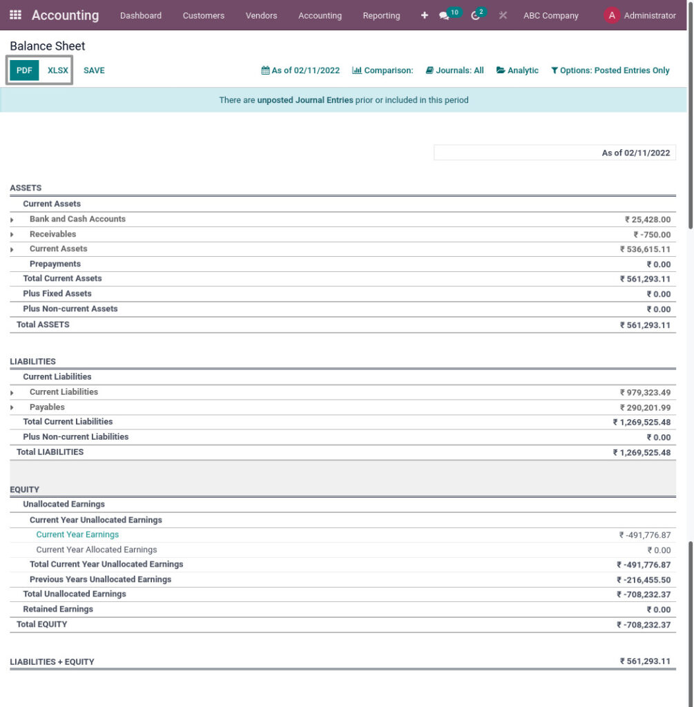 Odoo ERP mccorry accounting management report balance sheet report