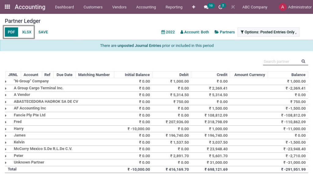 Odoo ERP mccorry accounting management report partner ledger report