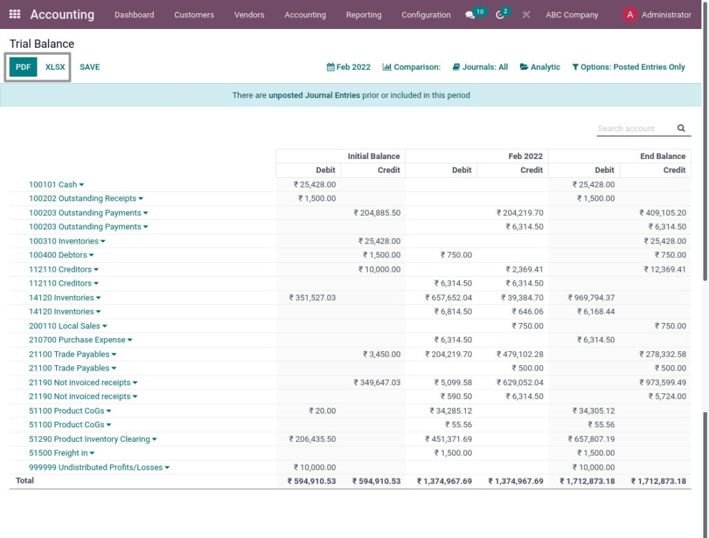 Odoo ERP mccorry accounting management report trial balance report