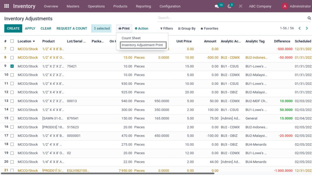 Odoo ERP mccorry inventory management inventory adjustment print 1