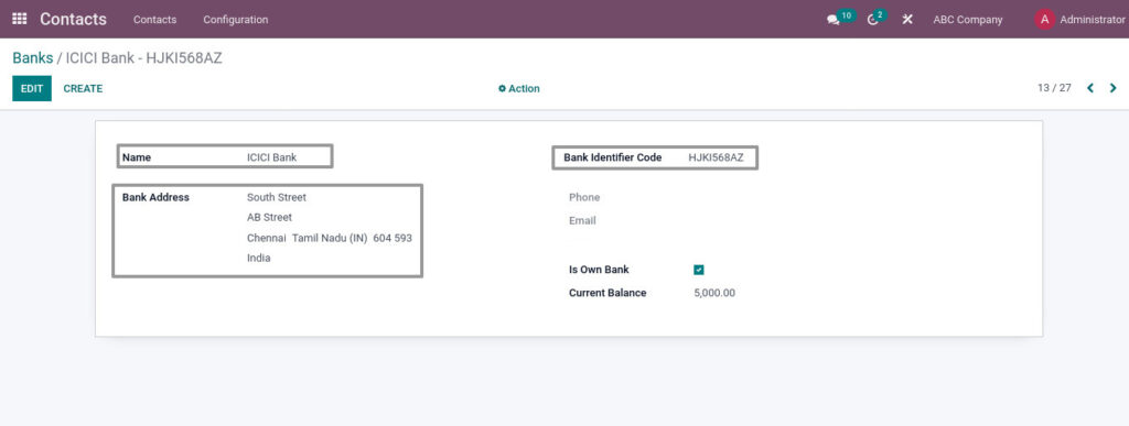 Odoo ERP mccorry master management manage bank