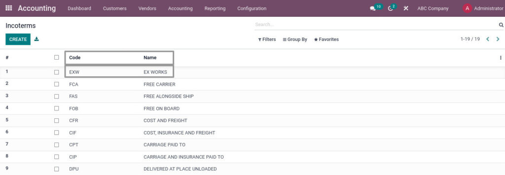 Odoo ERP mccorry master management manage incoterms