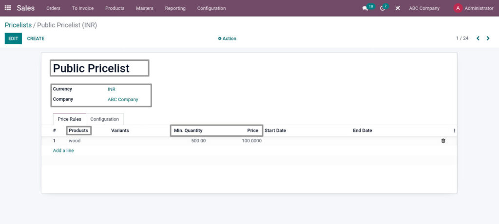 Odoo ERP mccorry master management manage pricelist