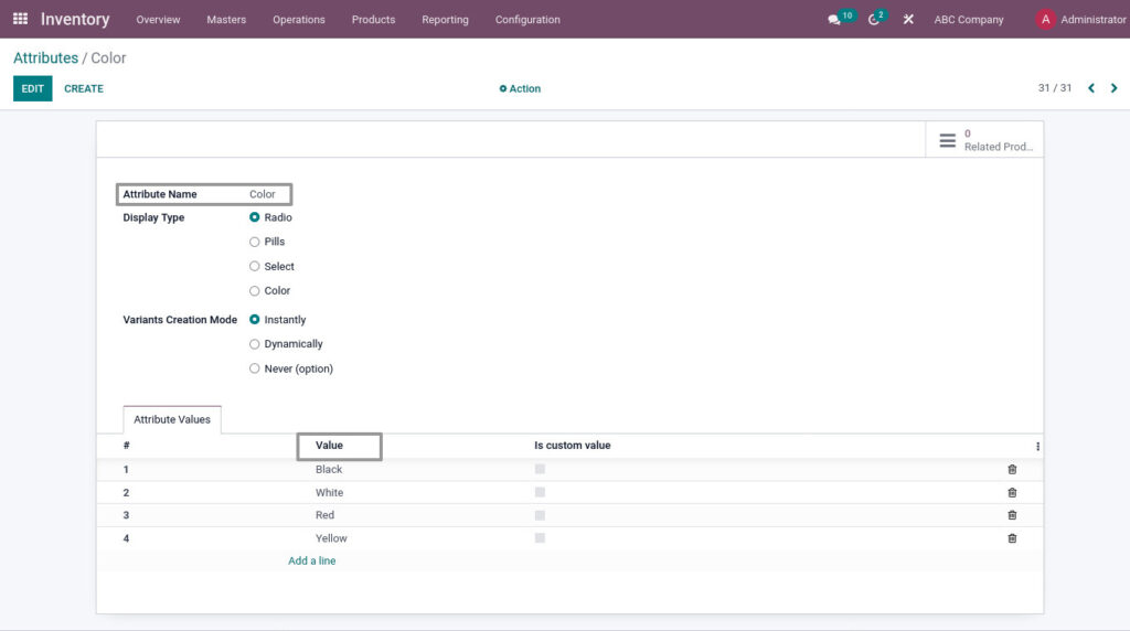 Odoo ERP mccorry master management manage product attribute