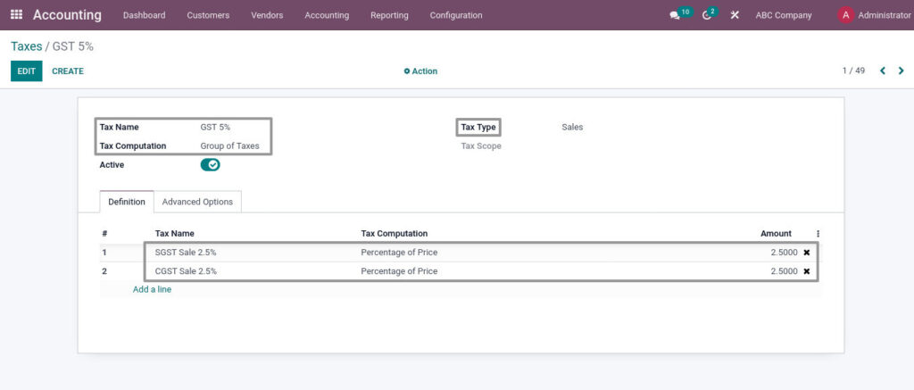 Odoo ERP mccorry master management manage tax