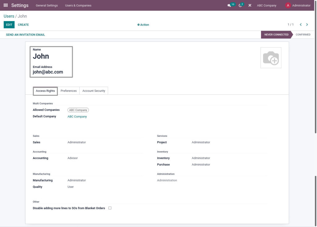 Odoo ERP mccorry master management manage user