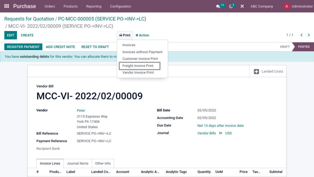 Odoo ERP mccorry purchase management freight invoice print 1