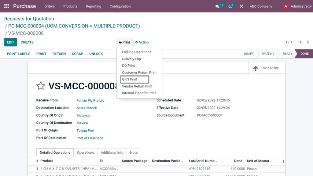 Odoo ERP mccorry purchase management grn print 1