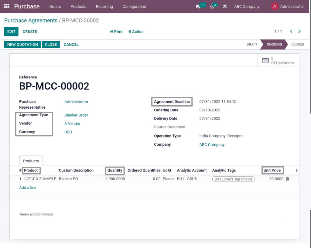 Odoo ERP mccorry purchase management manage blanket po