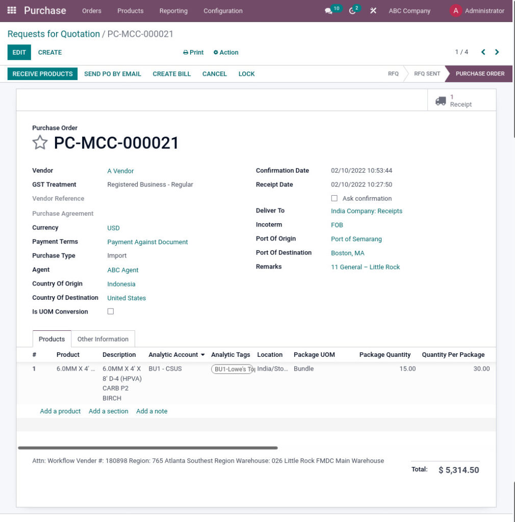 Odoo ERP mccorry purchase management manage purchase order
