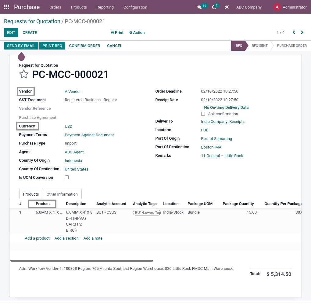 Odoo ERP mccorry purchase management manage rfq 1