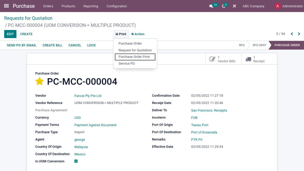 Odoo ERP mccorry purchase management purchase order print 1
