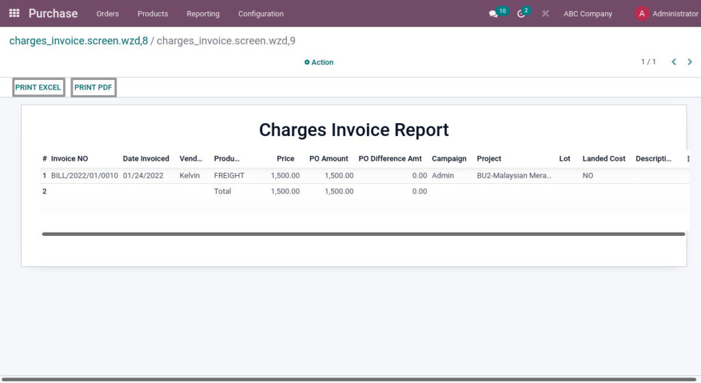 Odoo ERP mccorry purchase management report charge invoice report 2