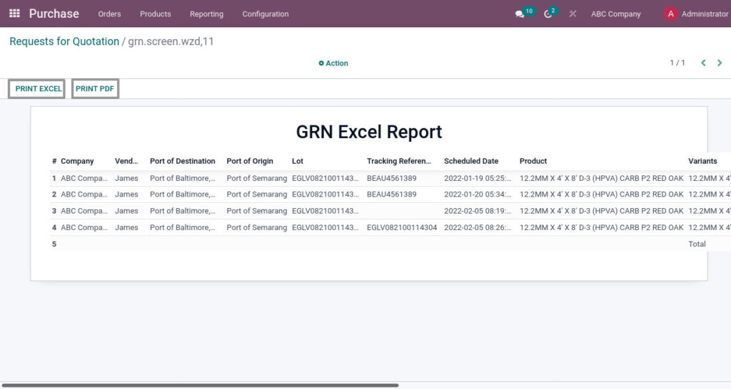 Odoo ERP mccorry purchase management report grn report 2