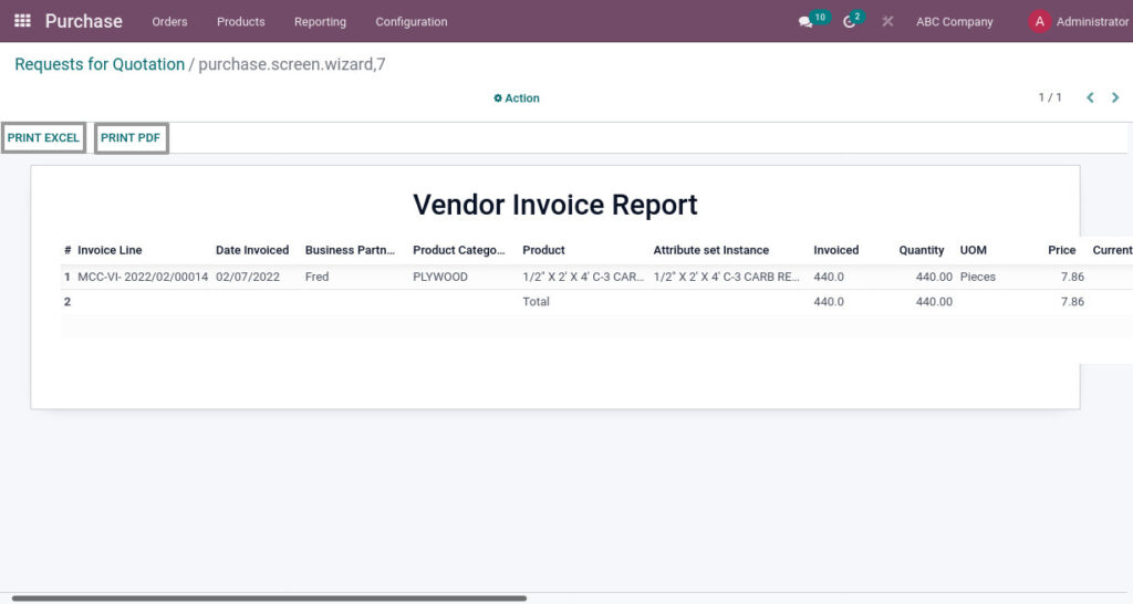 Odoo ERP mccorry purchase management report vendor invoice report 2