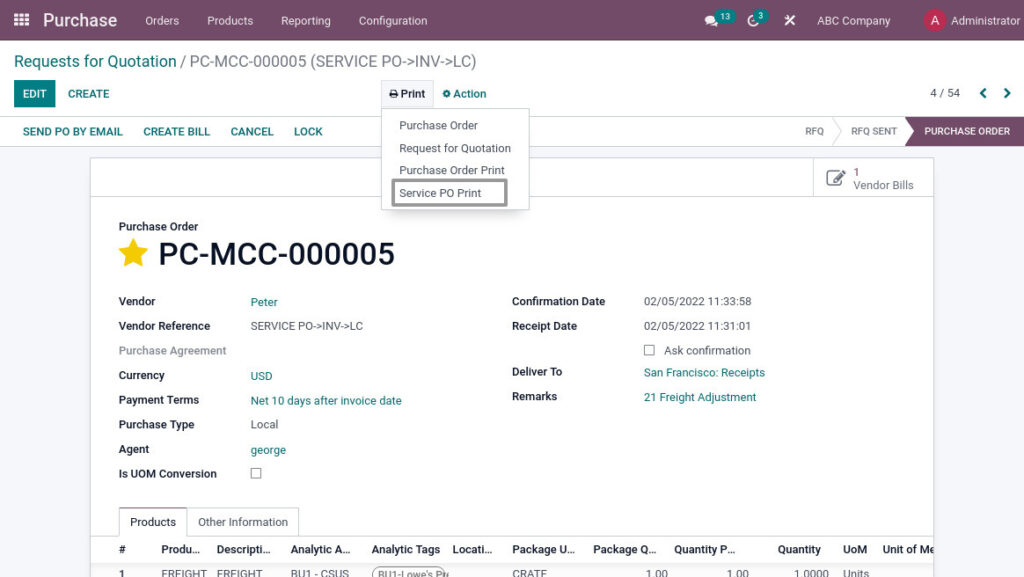Odoo ERP mccorry purchase management service po print 1