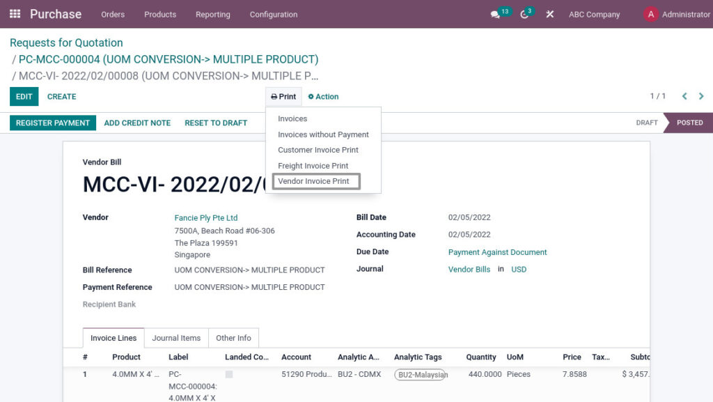 Odoo ERP mccorry purchase management vendor invoice print 1