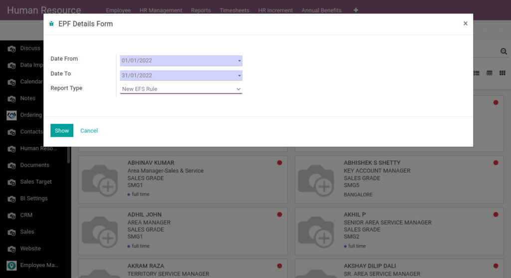 Odoo ERP Payroll payroll management report EPF details report 1