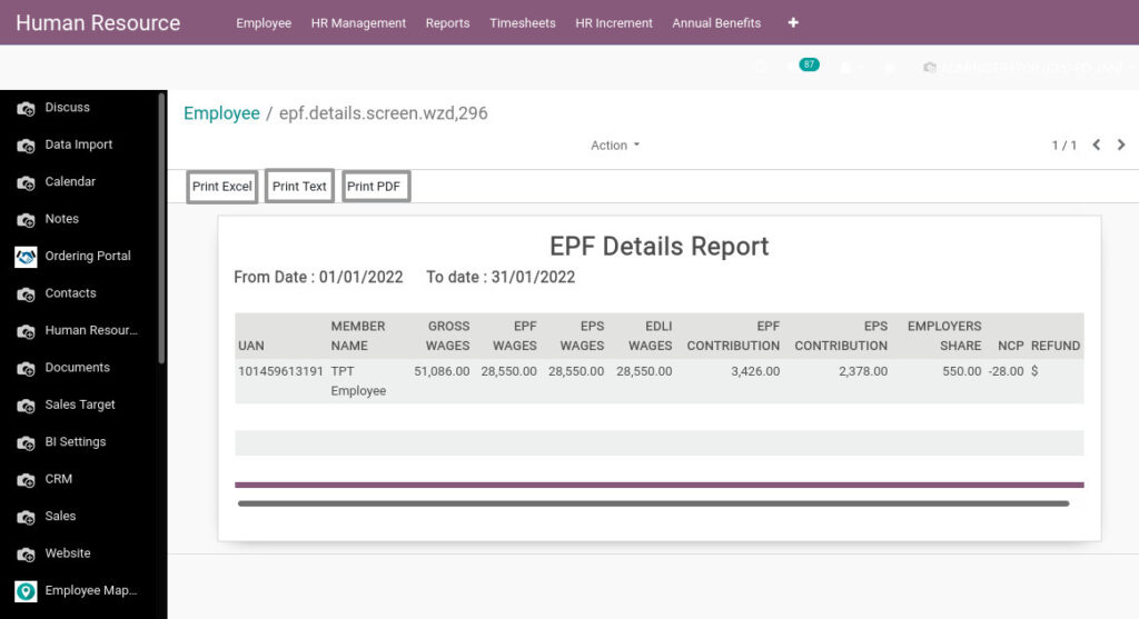 Odoo ERP Payroll payroll management report EPF details report 2