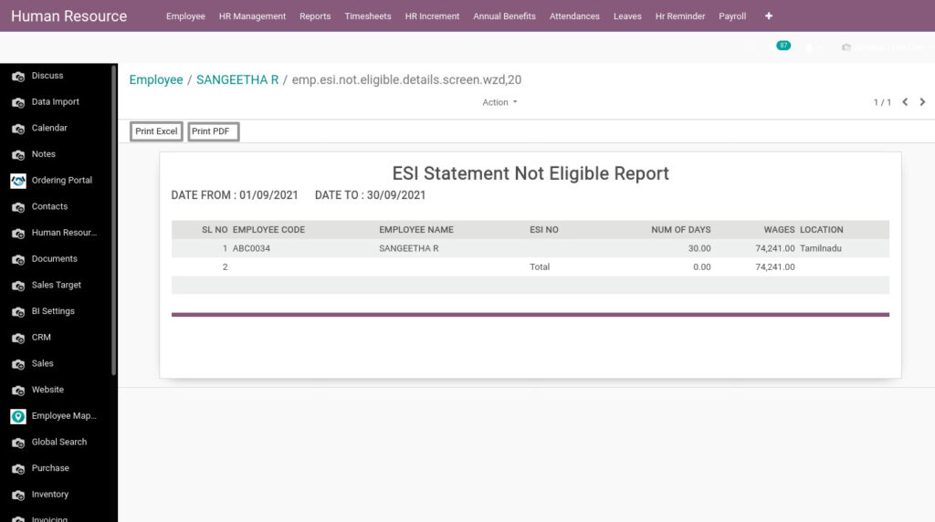 Odoo ERP Payroll payroll management report ESI Statement Not Eligible Report 2