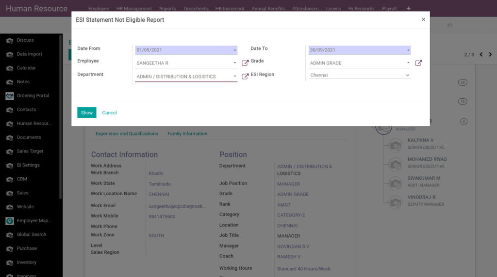 Odoo ERP Payroll payroll management report ESI Statement Not Eligible Report report 1