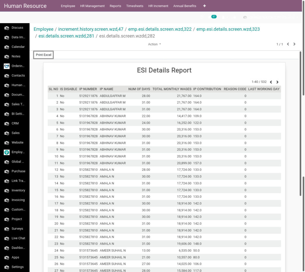 Odoo ERP Payroll payroll management report ESI details report 2