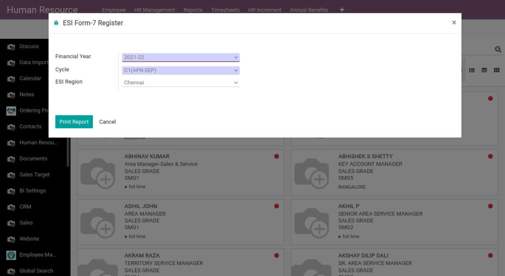 Odoo ERP Payroll payroll management report ESI form 7 register report 1