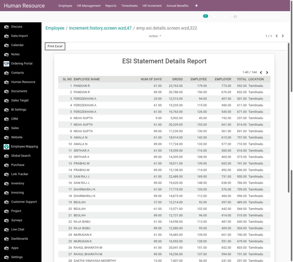 Odoo ERP Payroll payroll management report ESI statement details report 2