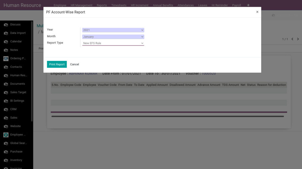 Odoo ERP Payroll payroll management report PF Account Wise Report report 1