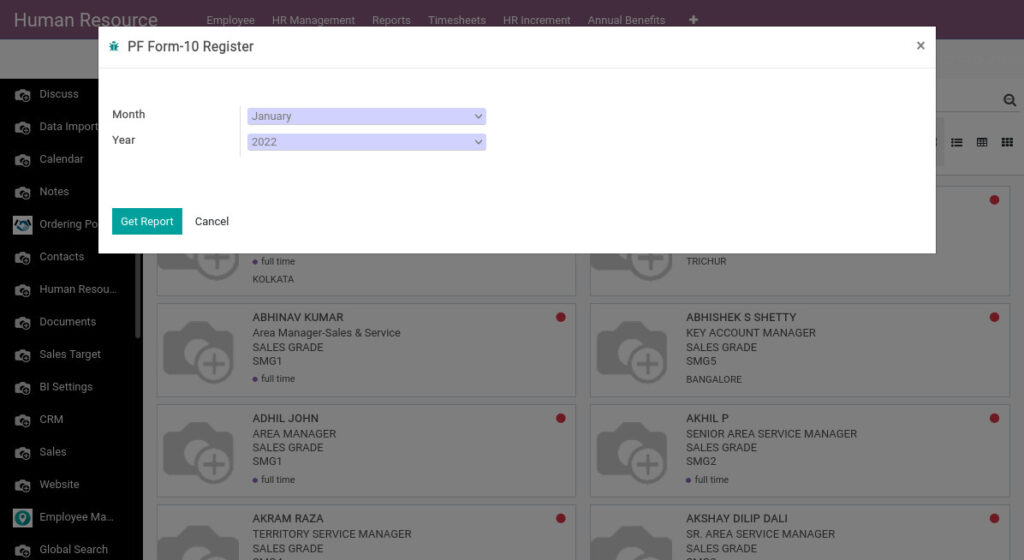 Odoo ERP Payroll payroll management report PF form 10 register report 1