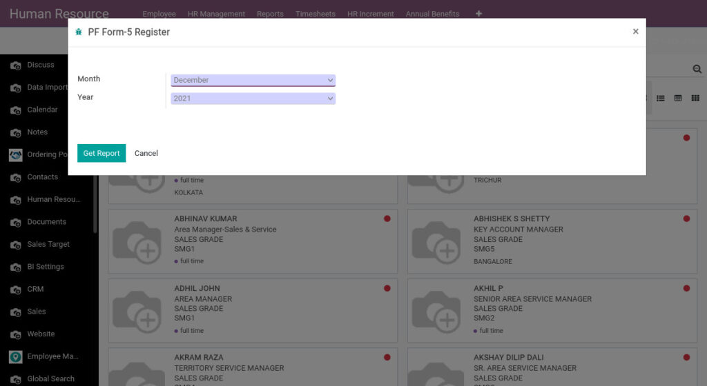 Odoo ERP Payroll payroll management report PF form 5 register report 1