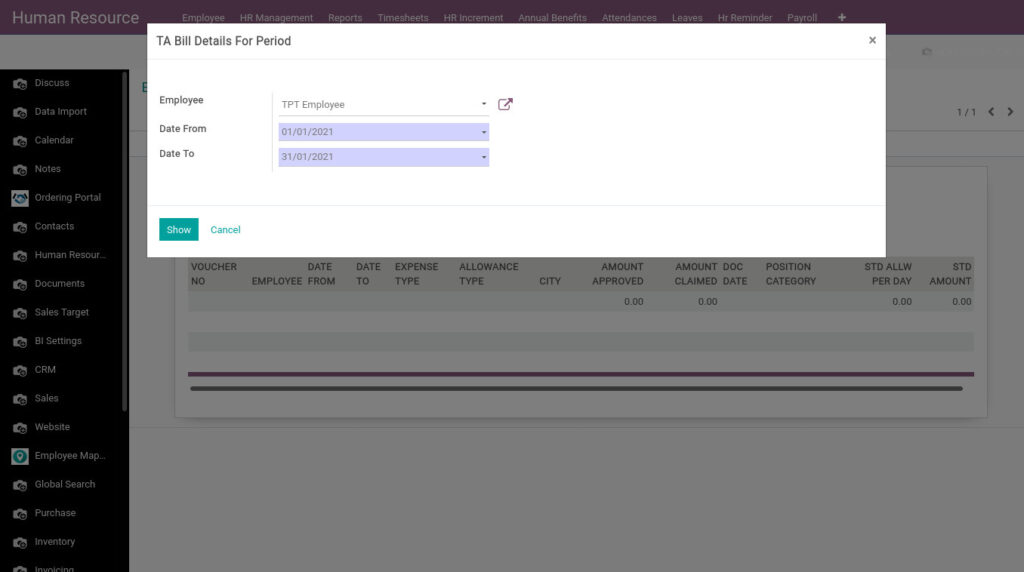 Odoo ERP Payroll payroll management report TA Bill Details For Period report 1