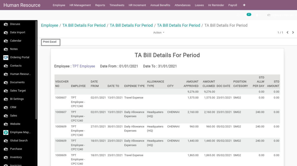 Odoo ERP Payroll payroll management report TA Bill Details For Period report 2