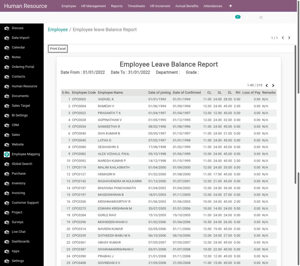 Odoo ERP Payroll payroll management report leave balance report 2