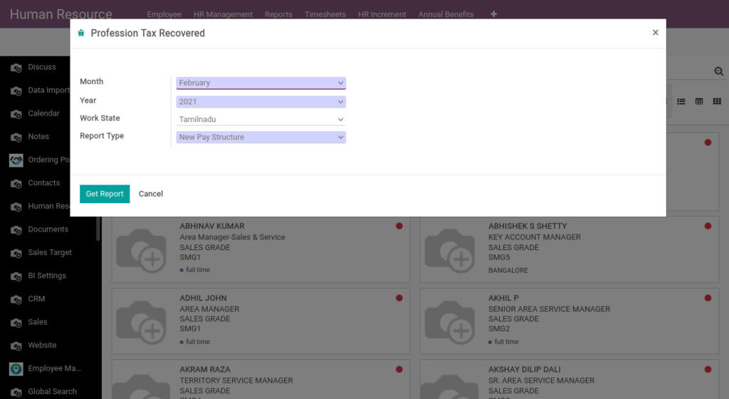 Odoo ERP Payroll payroll management report profession tax recovered report 1